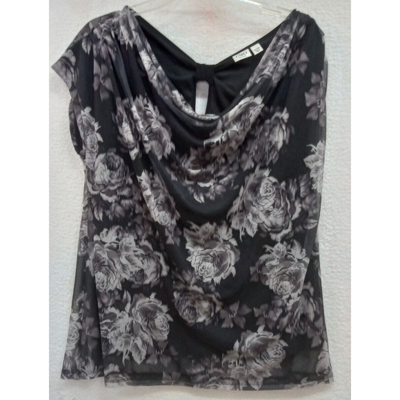 Cato Womens Plus 22/24W Top Black Floral‎ Cap Sleeve Layered Blouse - Picture 1 of 8